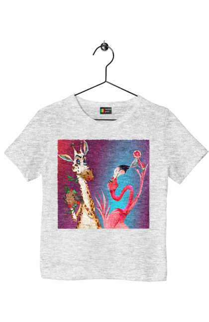 Children's t-shirt with prints Giraffe And Flamingo At The Party. Cocktail, flamingo, food, giraffe. 2070702