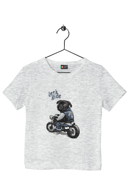 Футболка дитяча з принтом "Мопс на мотоциклі". Байкер, мопс, мотоцикл, собака, тварини. 2070702