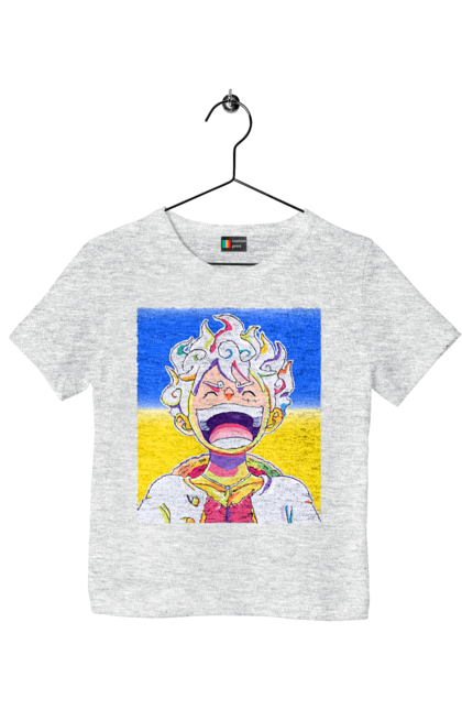 Футболка дитяча з принтом "Монкі д Луффі сміється на жовто блактному фоні". Ван піс, луффі, монкі д. луффі, прапор україни, символ україни, україна. 2070702