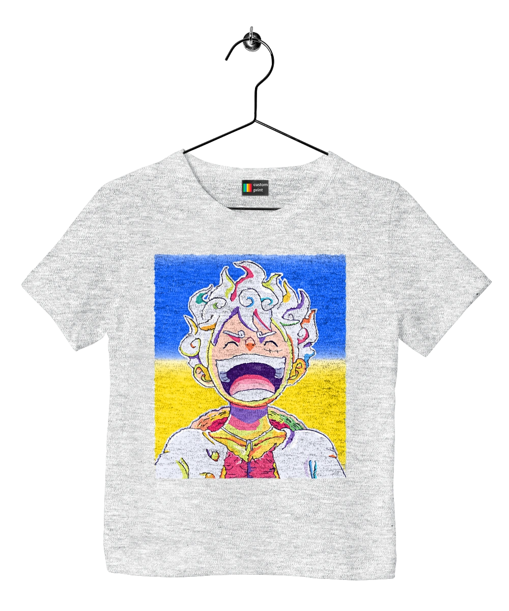 Monkey D Luffy laughing on a yellow blue background