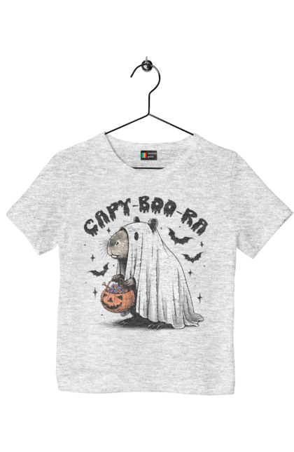 Футболка детская с принтом Капибара Хэллоуин. Capybara, halloween, водосвинка, грызун, животное, капибара, праздник, привидение, тыква, хэллоуин. 2070702