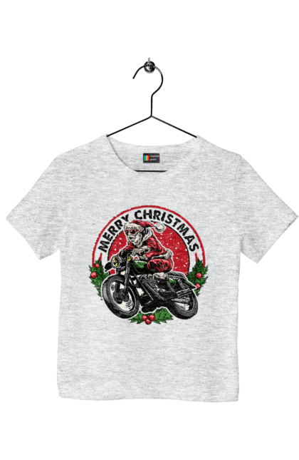 Футболка дитяча з принтом "Щасливого Різдва, дід мороз на мотоциклі". 2022, дід мороз, зима, мотоцикл, новий рік, подарунки, різдво, санта, сніг. 2070702
