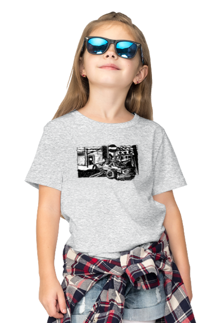 Children's t-shirt with prints Dangerous Car on the roads of the streets. Black and white, car, dangerous, fast, machine, race. 2070702