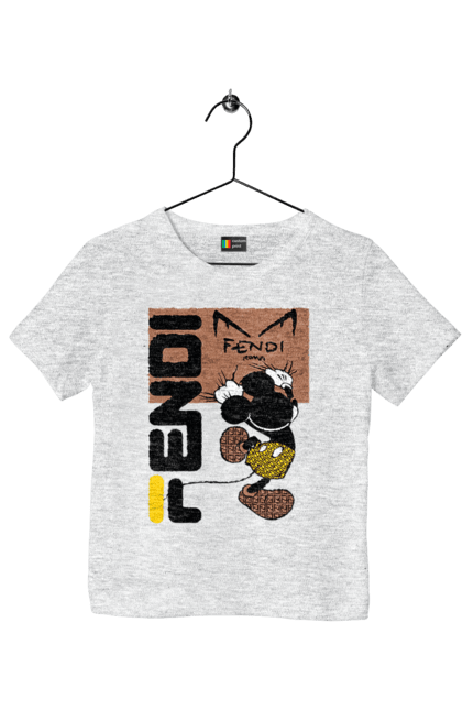 Футболка дитяча з принтом "Fendi Міккі Маус". Fendi, mickey mouse, бренд, будинок моди, італія, люкс, міккі маус, мода, сумка, фенді. 2070702