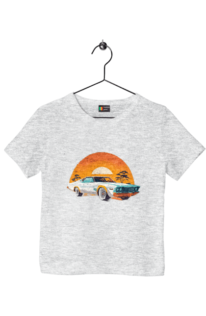Children's t-shirt with prints Beautiful car at sunset. Auto, decline, sun. 2070702