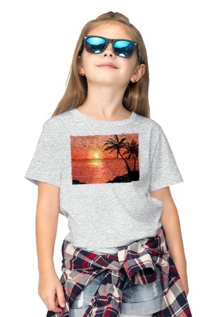 Children's t-shirt with prints West Palm Sea. Palm trees, sea, shore. 2070702