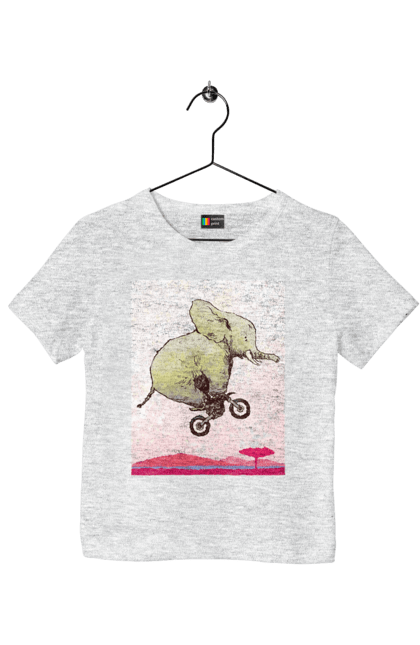 Футболка дитяча з принтом "Слон На Мотоциклі". Мотоцикл, політ, слон. 2070702