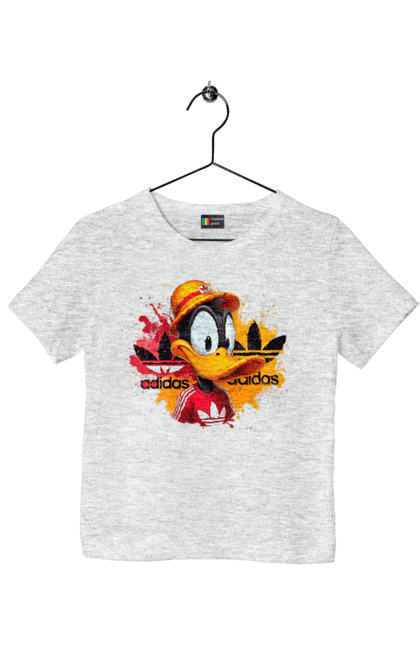 Футболка детская с принтом Даффи Дак Adidas. Adidas, daffy duck, looney tunes, merrie melodies, warner brothers, даффи дак, мультфильм, персонаж, утка даффи. 2070702