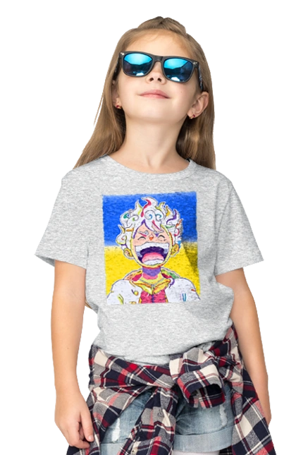 Monkey D Luffy laughing on a yellow blue background