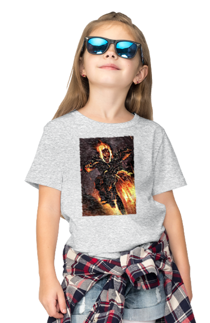 Футболка дитяча з принтом "Пекельний Гонщик". Вогонь, мотоцикл, пекельний гонщик, скелет, чоппер. 2070702