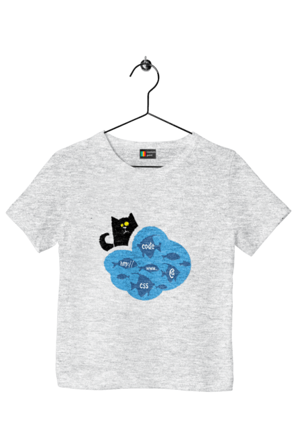 Футболка дитяча з принтом "Кіт програміст". Angular, c, css, html, it, javascript, jquery, php, python, react, svelt, vue, айтишник, айті, гумор, код, кодувати, прогер, програміст, програмісти, ти ж, ти ж програміст, тиж програміст. 2070702