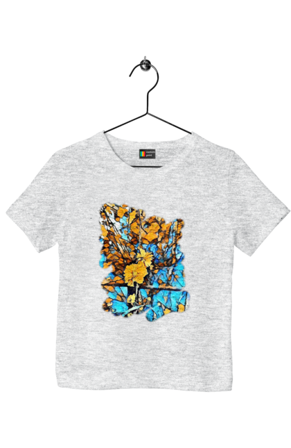 Футболка дитяча з принтом "Жовті квіти на синьому фоні". Арт, жовтий та синій, жовті квіти, жовто-синій, квіти, малюнок, природа, синій та жовтий, синьо-жовтий. 2070702