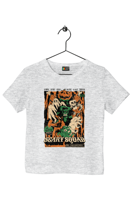 Children's t-shirt with prints Halloween Scary Squad. Costume, ghost, halloween, holiday, october, october 31, pumpkin, skeleton, sweets, trick or treat. 2070702