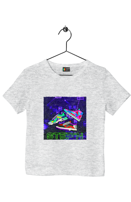 Children's t-shirt with prints Step`n. Crypt, cryptocurrencies, nft, nft sneakers, solana, stepn, virtual crosses. 2070702