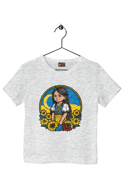 Children's t-shirt with prints Cute Ukrainian girl. Blue, flag of ukraine, made in ukraine, patriots of ukraine, support ukraine, ukraine, ukrainian, ukrainian girl, yellow, yellow-blue. 2070702