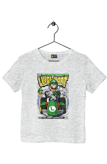 Футболка дитяча з принтом "Luigi Karting". Nintendo, playstaion, автомобіль, гра, зелений маріо, луїджі, маріо. Funkotee