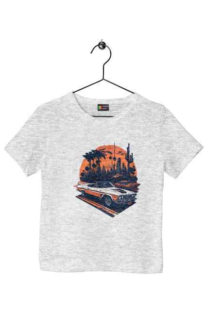 Children's t-shirt with prints Beautiful car at sunset. Auto, sun, sunset. 2070702
