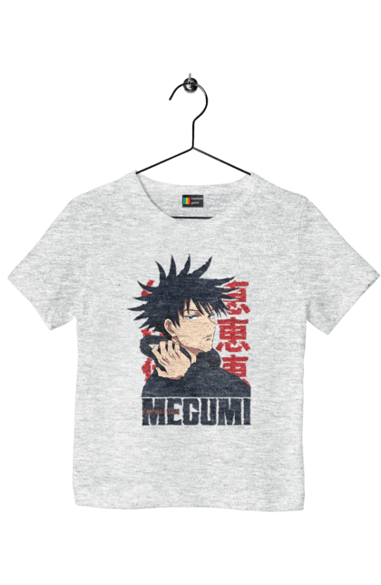 Children's t-shirt with prints Jujutsu Kaisen Megumi. Anime, dark fantasy, fushiguro, fushiguro megumi, jujutsu kaisen, magic battle, manga, megumi, mystic. 2070702