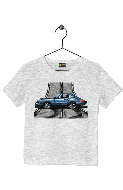 Children's t-shirt with prints Sports Car On The Road. Blue, car, fast, race, sports. 2070702