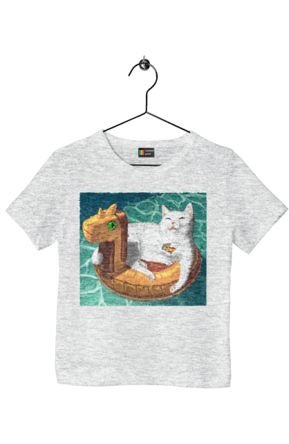 Футболка дитяча з принтом "Білий кіт у плавальному колі, на відпочинку". Басейн, відпочинок, кіт, коктейль, море, плавальний круг. 2070702