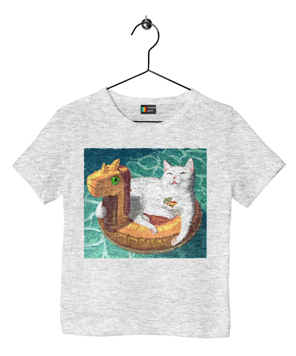 White cat in a swimming circle on vacation