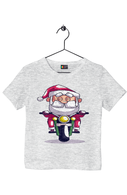Футболка дитяча з принтом "Щасливий Санта на мотоциклі". 2022, дід мороз, зима, мотоцикл, новий рік, різдво, санта, сніг. 2070702