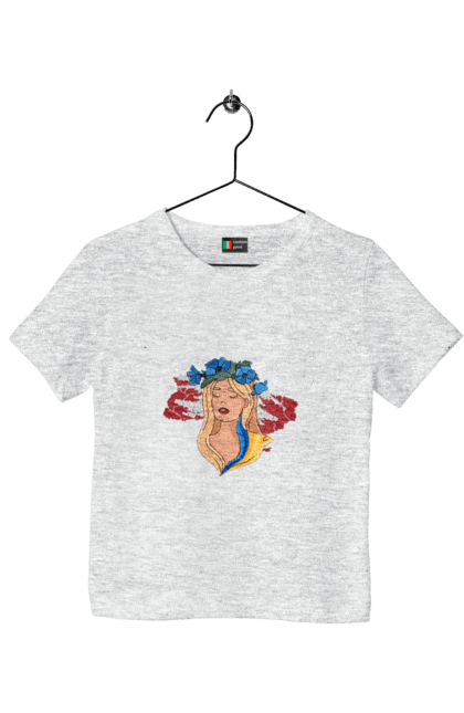 Children's t-shirt with prints Girl on the map of Ukraine. Blue, flag, flowers, girl, girl on the map, map of ukraine, red, ukraine, yellow. 2070702