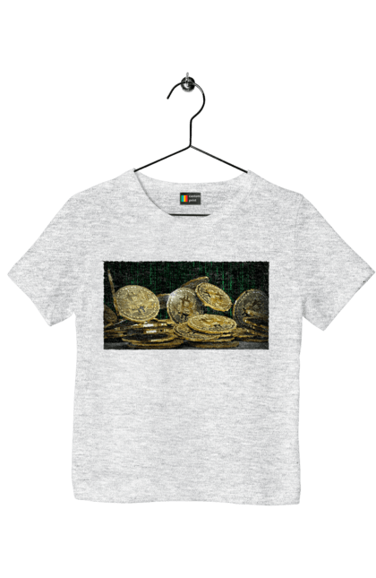 Футболка дитяча з принтом "Біткойн". Багатство, біткойн, валюта, гроші, криптовалюта, курс, майнінг, матриця, монета, розкіш, цифровий світ. 2070702