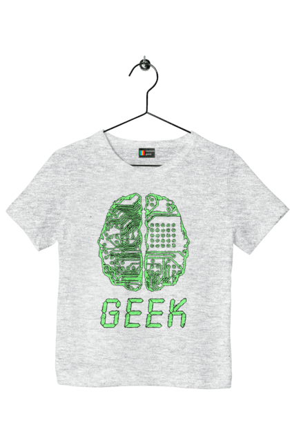 Футболка дитяча з принтом "Гик Мозок Неоновий". Айті, айтішник, гик, друкована плата, зелений, знання, інженер, кібер, кібернетика, кіборг, код, комп, комп’ютерник, кристал, мікросхема, мозок, неон, неоновий, програміст, професіонал, професія, розробник, розум, світиться, світло, чіп. 2070702