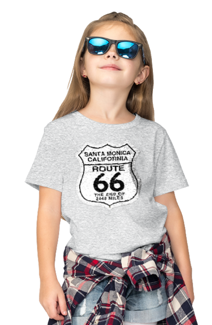 Children's t-shirt with prints Route 66. Bike, biker, biker club, bikers club, brother, brutal, dude, hot asphalt, hot horse, hot rod, motorcycle, motorcyclist, real man, road 50, road 66, road 80, roads of america, roads of ukraine, roads we choose, speed, take, thirst for speed. 2070702