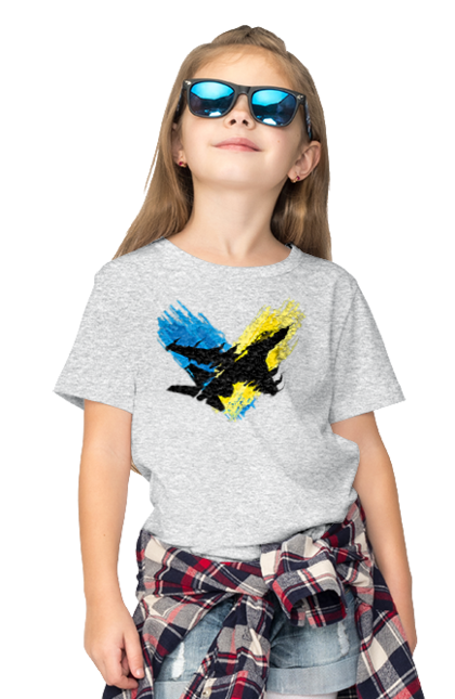 Футболка дитяча з принтом "Літак F 16". З прапором, зсу, літак, літак f16, патріотична, прапор, ф16. 2070702