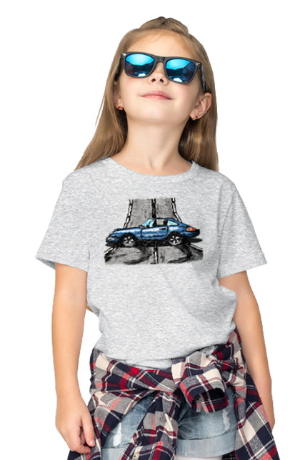 Children's t-shirt with prints Sports Car On The Road. Blue, car, fast, race, sports. 2070702