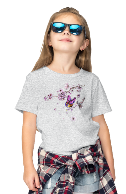 Children's t-shirt with prints Butterfly And Sakura. Butterfly, sakura, spring, wood. 2070702