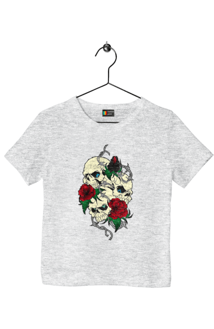 Children's t-shirt with prints Skulls with roses. Bones, eyes, flowers, leaves, rose flower, roses, scull, spikes, teeth. 2070702