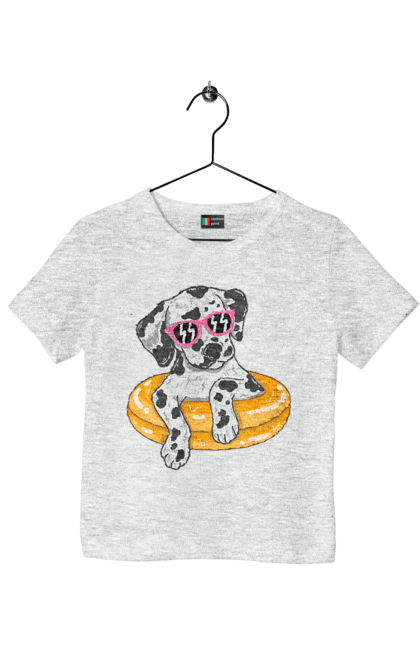 Children's t-shirt with prints Dalmatian Swims In A Circle. Dalmatian, dog, glasses, to swim. 2070702