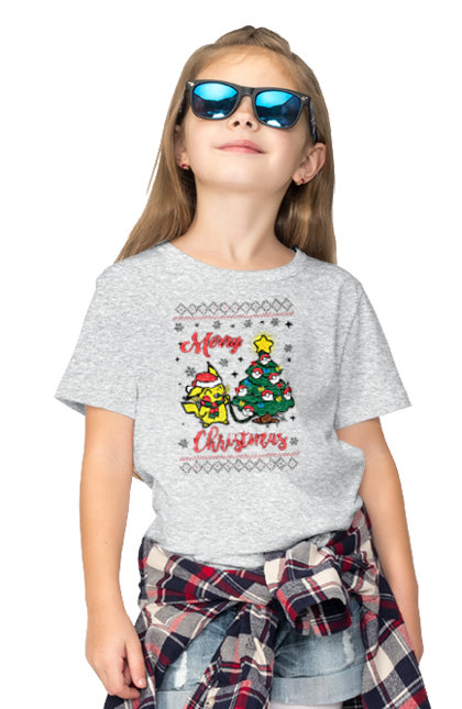 Children's t-shirt with prints Pikachu Merry Christmas!. Anime, christmas, game, manga, merry christmas, nintendo, pikachu, pokemon. 2070702