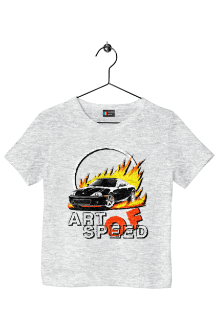 Children's t-shirt with prints Car on fire. Auto, car on fire, drift, race, speed, sport, sports car. 2070702