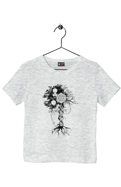 Футболка дитяча з принтом "Древо життя". Геном людини, дерево життя, золотий перетин, квітка життя, сакральна геометрія, таємниця світобудови, таємниця числа фібоначчі, число бога, число фібоначчі. 2070702