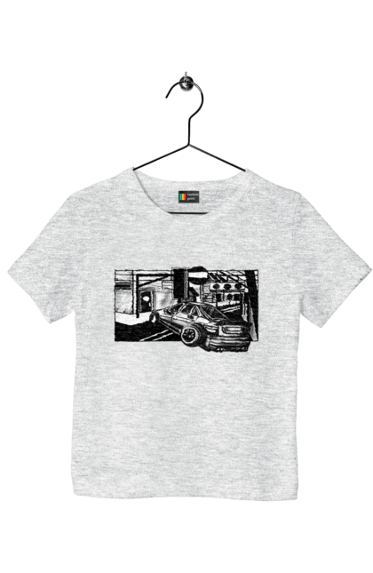 Children's t-shirt with prints Dangerous Car on the roads of the streets. Black and white, car, dangerous, fast, machine, race. 2070702