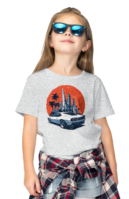 Children's t-shirt with prints Car. Race, speed, sport car, sunset. 2070702