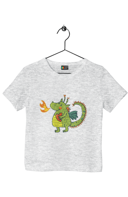 Children's t-shirt with prints Dragon in love. Dragon, fire, green dragon, heart, hearts, love, new year, symbol 2024. 2070702