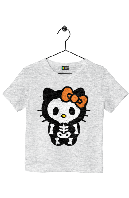 Футболка детская с принтом Хелло Китти Хэллоуин. Halloween, hello kitty, zombie, бренд, зомби, котенок, персонаж, скелет, хелло китти, хэллоуин. 2070702