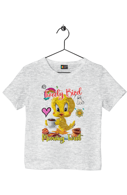 Футболка детская с принтом Твити Бёрд. Looney tunes, tweety, tweety bird, tweety pie, warner bros, бёрд, птица, твити, твити бёрд. 2070702