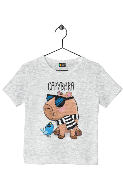 Children's t-shirt with prints Stylish Capybara. Animal, bird, capybara, fashionable capybara, glasses, mood, striped scarf, stylish capybara, sunglasses. 2070702