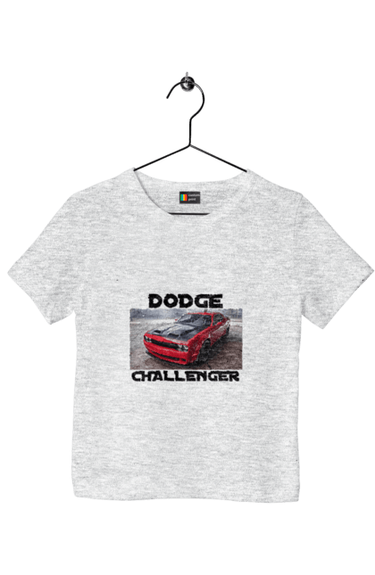 Children's t-shirt with prints Dodge challenger. An american legend, auto, car, classic car, cult car, dodge challenger, oil car, powerful car. 2070702