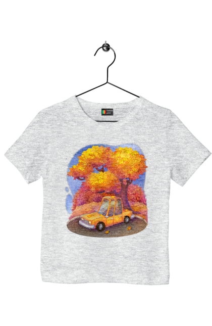 Футболка дитяча з принтом "Осiнь Авто Дерево". Дерево, жовтий мила ілюстрація, машина, осінь, помаранчевий. 2070702