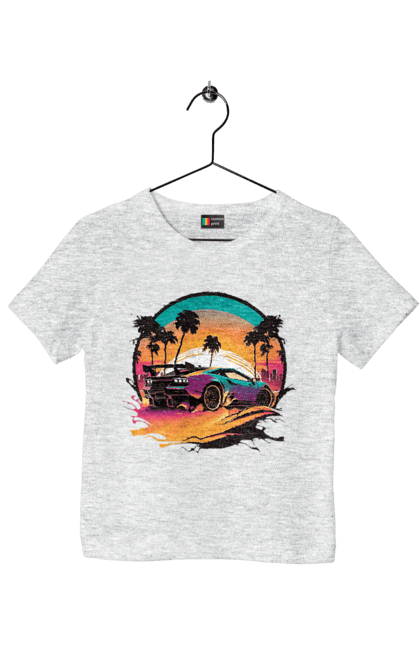 Футболка дитяча з принтом "Ламборджині Сінтвейв". Авто, автомобіль, ламба, ламборджині, машини, сінтвейв. 2070702