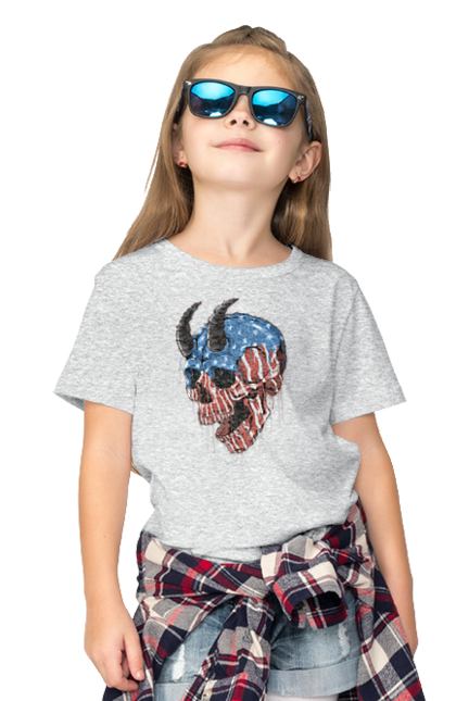 Children's t-shirt with prints Skull with horns. America, bones, dye, flag, horns, scull, states, teeth, usa. 2070702