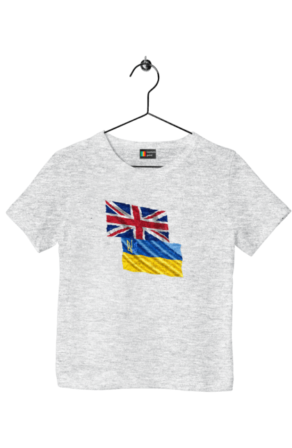 Children's t-shirt with prints Flag United Kingdom, Flag Ukraine, Support Ukraine. Flag united, flag united kingdom, global peace, great britain, kiev, national colors, national team, peace for ukraine, proud grandpa, support ukraine, ukraine, ukraine flag, ukraine war, united kingdom, war, zelensky. 2070702