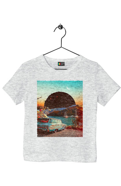 Футболка дитяча з принтом "Картина, машина біля річки". Картина, машина, планета, прикол, ретро, річка. 2070702